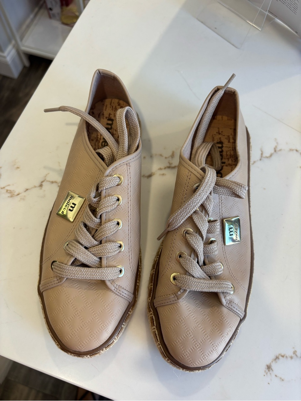 Moleca Casual Women’s espadrille sneakers Neutral Blush Lace-Up with Gold Accent